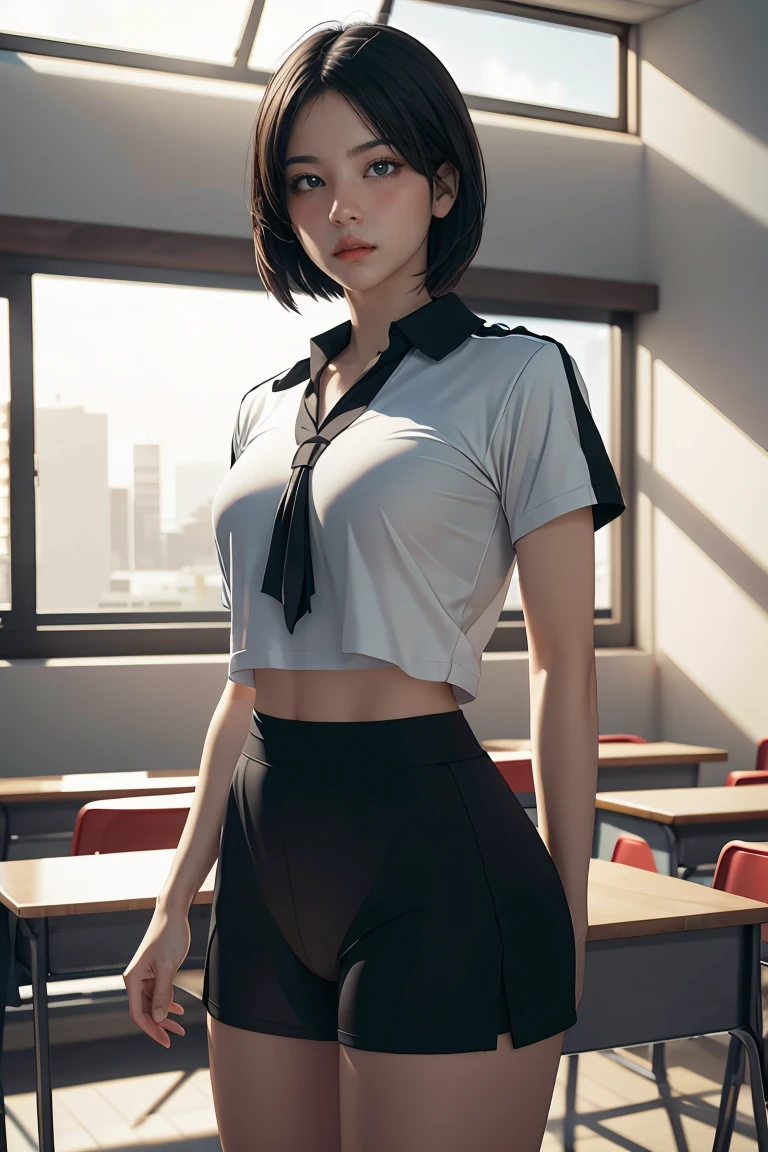 1 girl, ภาพช็อตของ re4ashley, About sports, black , white shirt, classroom, Volumetric light, best quality, Masterpiece, complicated details, Tone mapping, Sharp focus, There are too many details., Trending on artstation, realistic, 