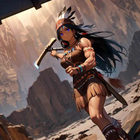 native american female warrior\(cute,beautiful,18-year-old,(muscular:1.5),(owns 1 tomahawk:1.3),dark skin,black floating hair,da...