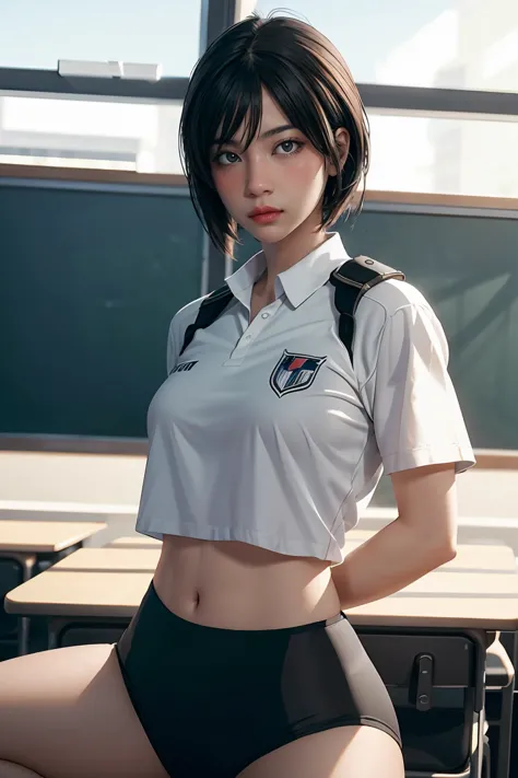 1 girl, ภาพช็อตของ re4ashley, about sports, black , white shirt, classroom, volumetric light, best quality, masterpiece, complic...