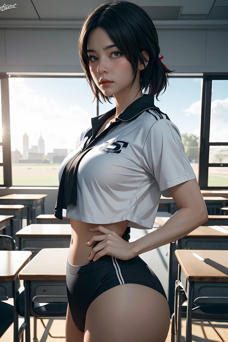 1 girl, ภาพช็อตของ re4ashley, About sports, black , white shirt, classroom, Volumetric light, best quality, Masterpiece, complicated details, Tone mapping, Sharp focus, There are too many details., Trending on artstation, realistic, 