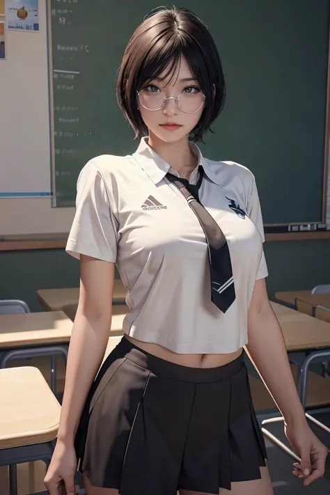 1 girl, ภาพช็อตของ re4ashley, about sports, black , white shirt, classroom, volumetric light, best quality, masterpiece, complic...