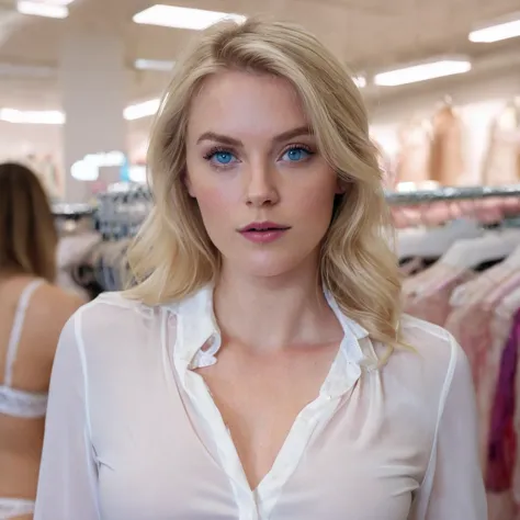 super realistic close-up of a blonde woman with bright blue eyes, in a retail store with lingerie in the background, wearing a w...