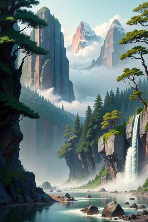 (masterpiece:0.8),best quality,
gongbiv,gongbi painting,scenery,no humans,mountain,waterfall,outdoors,tree,water,nature,fog,clif...