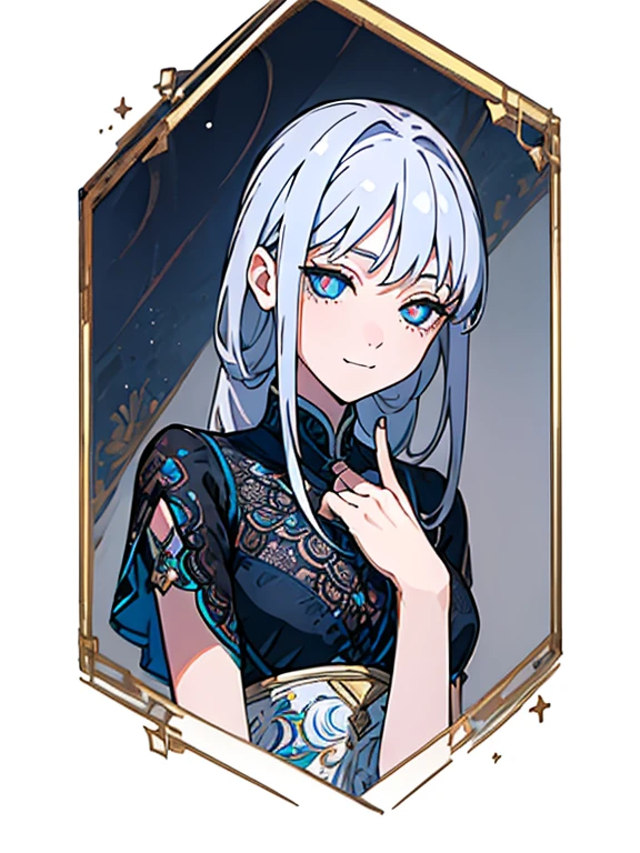 ((((masterpiece, Best Quality, Ultra-high resolution, Best illustrations)))), ((Portrait of a person standing against a white background)), (Very delicate and cute face, Sparkling Eyes), (((black sclera, white small iris))), A beautiful girl named "Sinza" in black china dress is standing diagonally to the left alone, white long hair, white small iris, black sclera, black dress, full body portrait, evil smile,