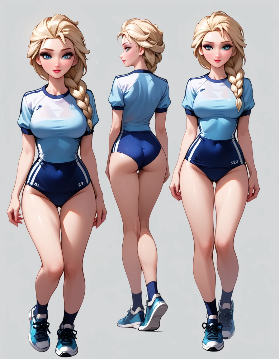 score_9, score_8_up, score_7_up, score_6_up, sketch_sheet, solo, BREAK 1girl, (Elsa, blonde, braid:1.3), dominant gorgeous girl, same character, BREAK perfect lips, tall, (Sexy woman), (sexy gym uniform:1.4), sneakers, BREAK frontal body view, back body view, Depth, Many parts, Multiple poses and expressions, BREAK highly detailed, (ultra-detailed), (best illustration), (best shadow), (absurdres), BREAK (very aesthetic), (4k, intricate), (detailed face:1.2).