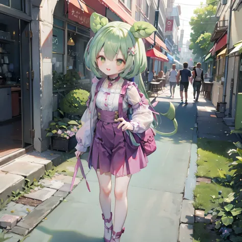 cheeky green haired zundamon(((((in the form of a child)))))walking around the city、a bit,