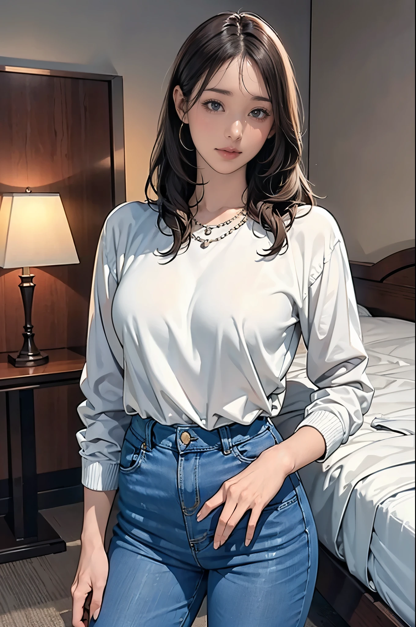 (masterpiece:1.2, Highest quality), (Realistic, photoRealistic:1.4), (Natural Side Lighting, Cinema Lighting), Written boundary depth, Beautiful thighs staring at the viewer, (Face Focus, Upper Body), 1 female, 20-year-old, alone, (Hotel room with background) , Slender body, Long Hair, Curly Hair, amount, sweater, jeans, Earrings, necklace, Are standing,