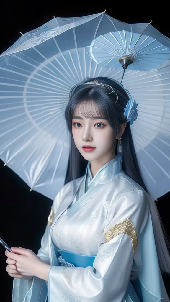 arafed asian woman in a blue dress holding an umbrella, palace ， a girl in hanfu, beautiful render of tang dynasty, hanfu, wearing ancient chinese clothes, white hanfu, trending on cgstation, with acient chinese clothes, chinese style, traditional beauty, pale and coloured kimono, guweiz, a beautiful fantasy empress, beautiful character painting