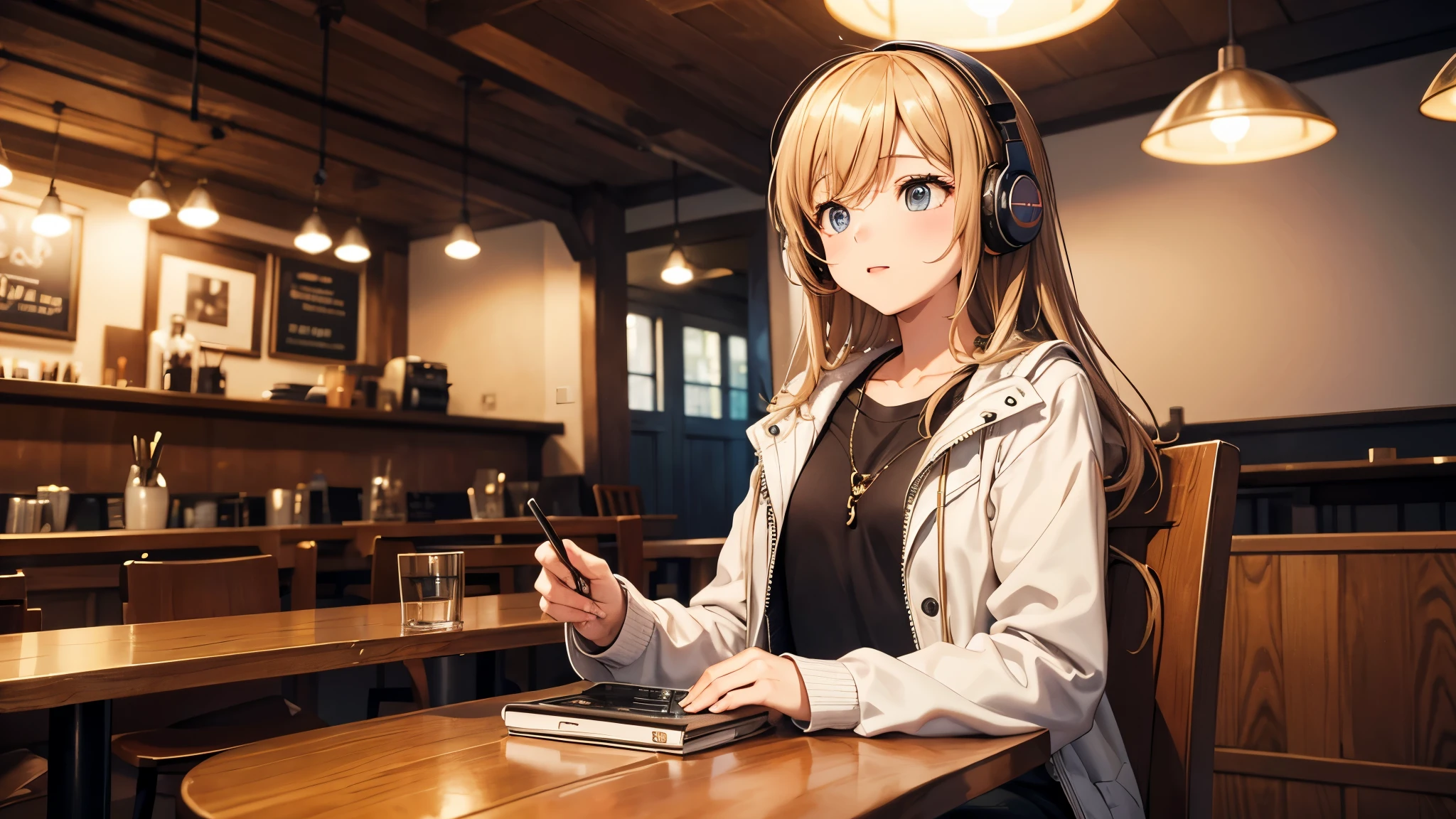 Girl with headphones enjoying music in a cafe　I am studying　Emphasize a little bit of the chest