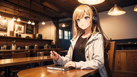 girl with headphones enjoying music in a cafe　i am studying　emphasize a little bit of the chest