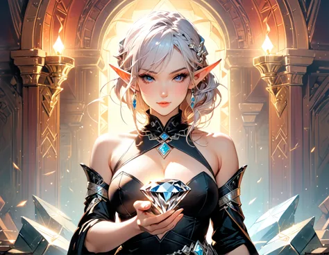 a picture of an elf thief holding an epic diamond in a vault, a female elf thief, full body, small pointy ears, dynamic hair col...