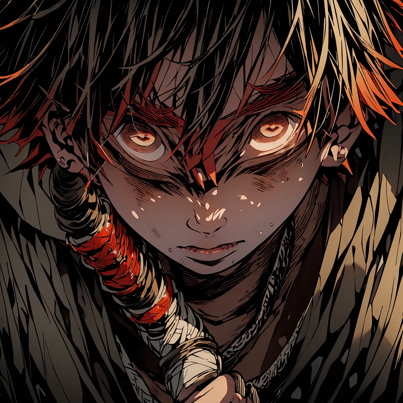 a dark skinned boy, with a red iris, aged six years, short kid, white hair, strong gaze, amidst the forest, vagabond art style, kentaro miura art style, berserk style, holding sword, Close up angle, basic sword fighting stance, pose, Agatsuma Zenitsu / Kimetsu no Yaiba