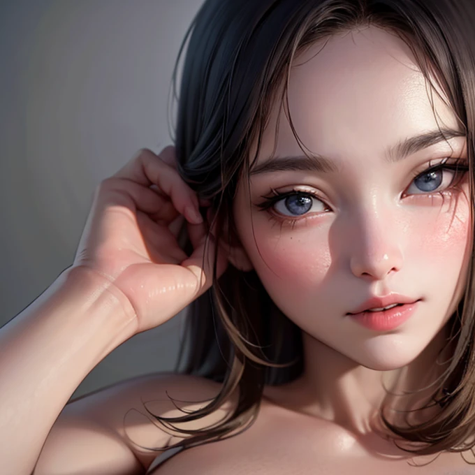 (masterpiece:1.35),(Highest quality:1.4),8k,Very detailed,photograph,(Ultra-realistic:1.4),Film Grain,Fujifilm XT3,Natural light、Slim woman, Very beautiful and detailed face, Best Shadow, naked, Cute Japanese women、Faces that are sexually aroused、Beautiful Skin、Nipples、Watery eye、Upper body close-up、Asymmetrical face、Open your mouth wide、stick out one&#39;s nose、Touching your hair、Watery eye、