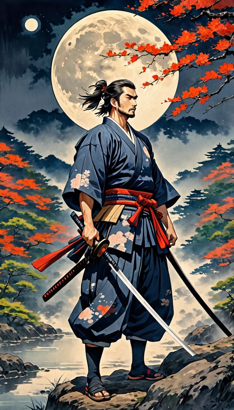 A samurai standing in the wilderness with a huge full moon in the background、30-year-old male、Samurai with stubble、Holding a long Japanese sword in his right hand、Hold a short Japanese sword in your left hand、Wearing dirty clothes