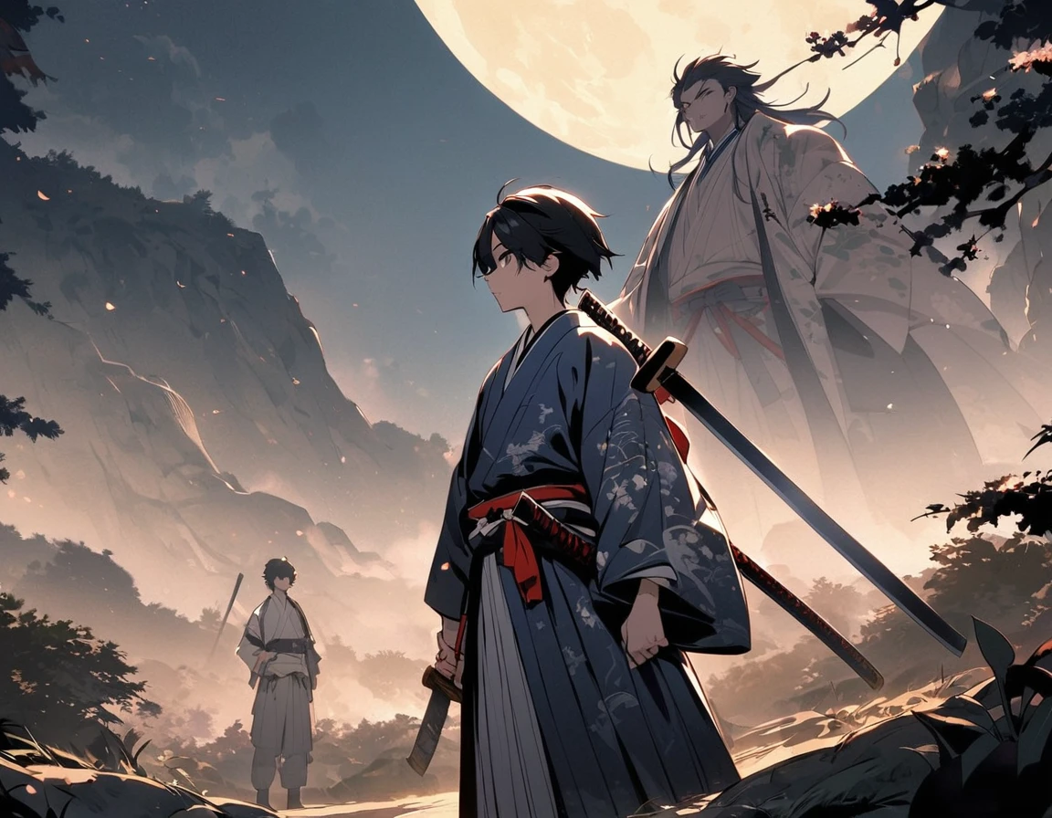 A samurai standing in the wilderness with a huge full moon in the background、15 year old male、Holding a long Japanese sword in his right hand、Hold a short Japanese sword in your left hand、Wearing a fancy kimono