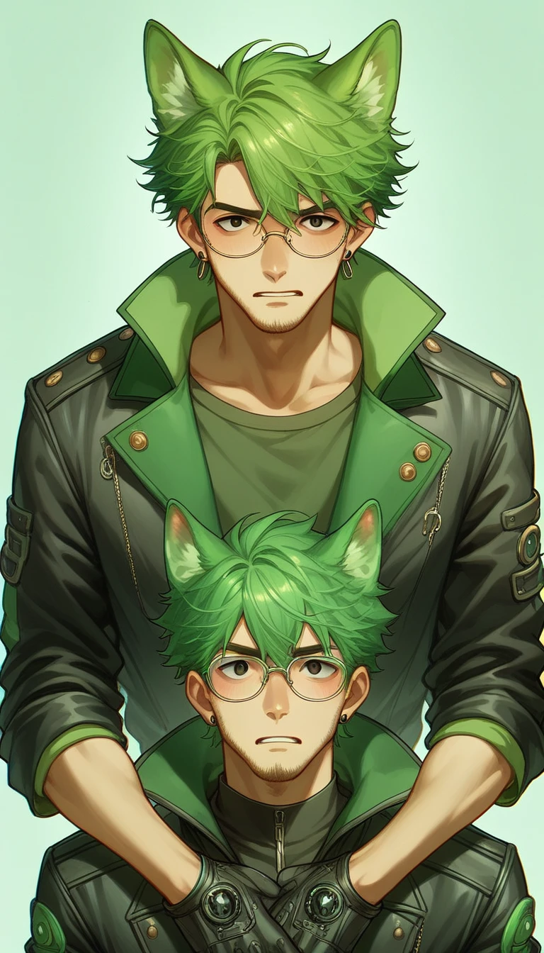 make a man with bright green hair and black eyes bright green wolf ears with a brico and a hoop a black jacket with bright green lines and glasses fanart