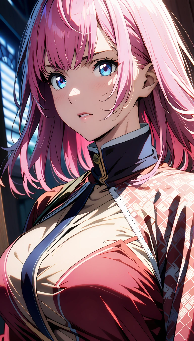 1girl,(long pink hair),(Blue eyes),(Japanese school clothe),(raise gun forward)،(big breasts),(masterpiece:1.5), (8k details:1.3), (unlimited details:1.2), (best eyes:1.4), (ultra clothes details:1.3), (highly detailed background), (vibrant colors), (dynamic lighting), (realistic skin texture), (intricate patterns), (sharp focus), (full-body view), (natural poses), (expressive emotions), (cinematic composition),(anime style),(ultra details anime style:1.0)