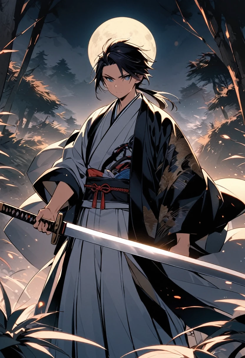 A samurai standing in the wilderness with a huge full moon in the background、15 year old male、Holding a long Japanese sword in his right hand、Hold a short Japanese sword in your left hand、Wearing a fancy kimono