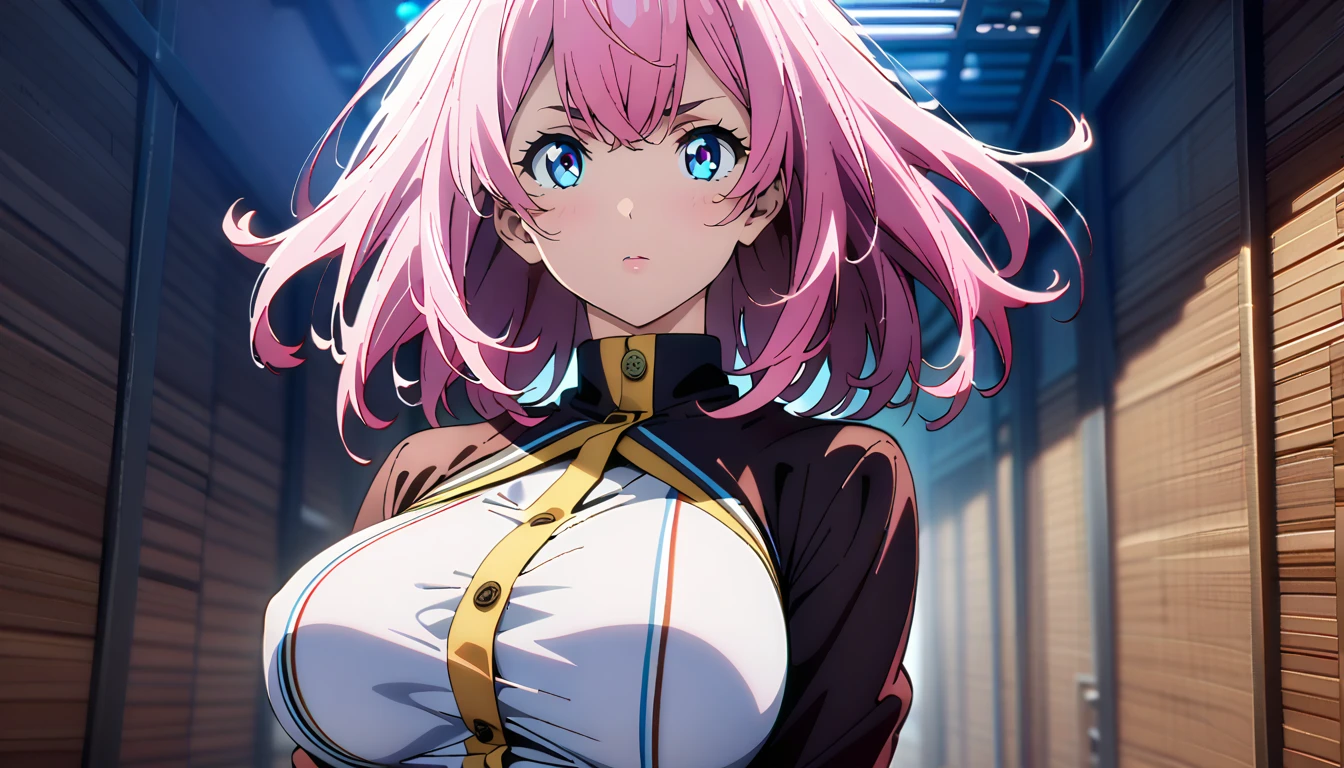 1girl,(long pink hair),(Blue eyes),(Japanese school clothe),(raise gun forward)،(big breasts),(masterpiece:1.5), (8k details:1.3), (unlimited details:1.2), (best eyes:1.4), (ultra clothes details:1.3), (highly detailed background), (vibrant colors), (dynamic lighting), (realistic skin texture), (intricate patterns), (sharp focus), (full-body view), (natural poses), (expressive emotions), (cinematic composition),(anime style),(ultra details anime style:1.0)