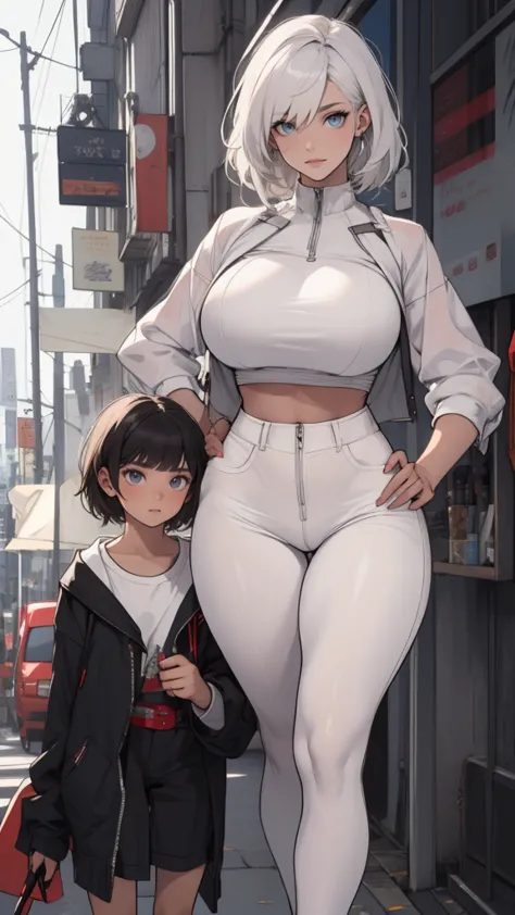 older woman 30 years old, short white hair and tall, curvy body next to her slender 20-year-old daughter, blue colored eyes, bre...