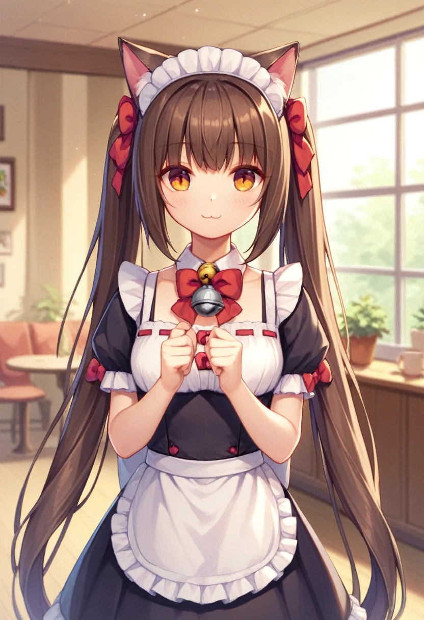 Chocola 1 girl with long dark brown hair, amber eyes, long hair, pigtails, smile, silver bell on neck, maid uniform, cafe room, indoors , cat ears, cat tail, red bows