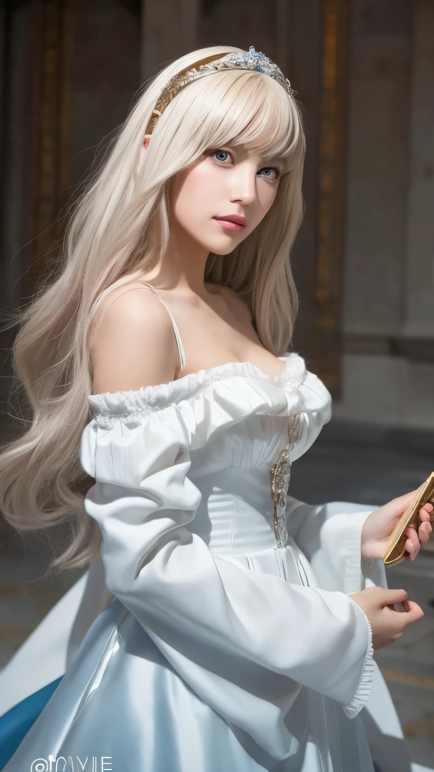 A woman in a white dress is holding a music box, artwork in the style of Gwaiz, Gwaiz on pixiv artstation, Gwaiz on artstation pixiv, Gwaiz, Fantasy art style, Gwaiz masterpiece, Beautiful and elegant queen, Beautiful character drawings, Detailed digital anime art, Blonde Princess, Gray Hair, Sky blue eyes, Pink Lips