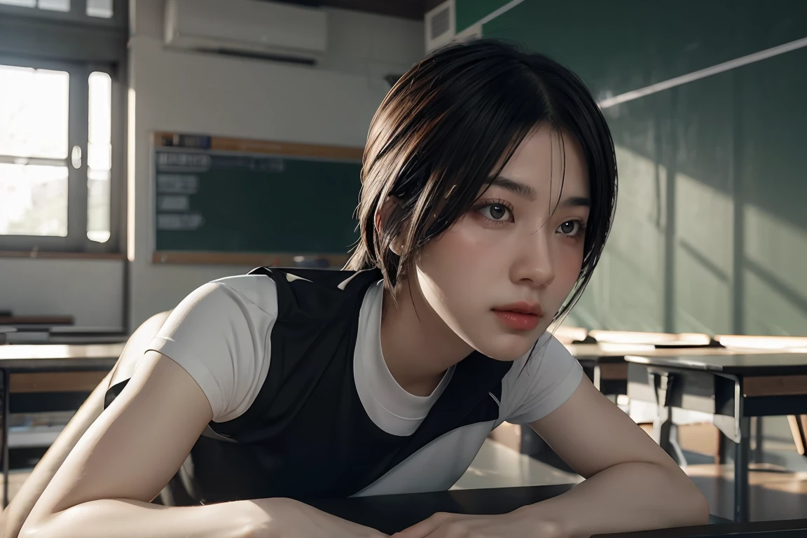 1 girl, ภาพช็อตของ re4ashley, About sports, black , white shirt, classroom, Volumetric light, best quality, Masterpiece, complicated details, Tone mapping, Sharp focus, There are too many details., Trending on artstation, realistic, 