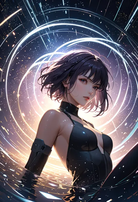 (masterpiece, best quality:1.1), (ultra highres, ultra-detailed:1.2),motoko kusanagi from "ghost in the shell" is floating in el...