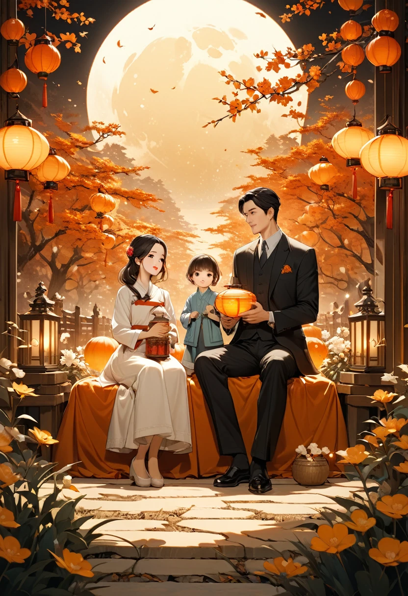 mid-autumn festival，Handsome father and charming beautiful mother, a cute child and a family sitting in the garden holding a lantern(There are many beautiful flowers in the foreground)Let’s enjoy the huge and beautiful moon. The warm, peaceful and happy atmosphere. The movie lights. Warm tones. Masterpiece. The happy scene is very beautiful., perfect composition, intricate details, Super detailed ( perfect anatomy ) Beautifully, 清新優雅的審美風格噴槍數位油畫精緻的藝術作品 營造出mid-autumn festival歡樂場景 (unique style)Very detailed, Real raw photos, best movie quality, Extremely fine texture, High quality work from a master artist