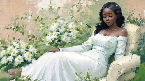 a painting of a black woman reclining in a chair against a green wall, wearing a white outfit. the woman appears relaxed, with h...