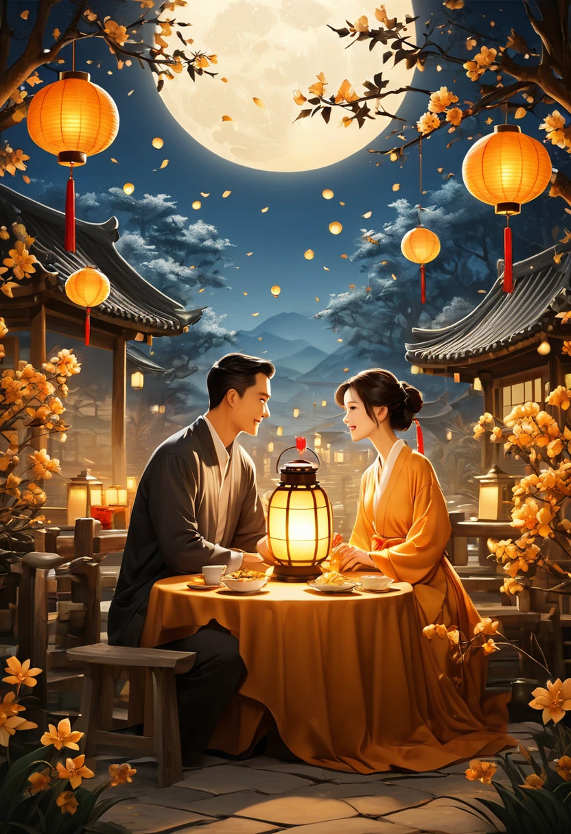 mid-autumn festival，Handsome father and charming beautiful mother, a cute child and a family sitting in the garden holding a lantern(There are many beautiful flowers in the foreground)Let’s enjoy the huge and beautiful moon. The warm, peaceful and happy atmosphere. The movie lights. Warm tones. Masterpiece. The happy scene is very beautiful., perfect composition, intricate details, Super detailed ( perfect anatomy ) Beautifully, 清新優雅的審美風格噴槍數位油畫精緻的藝術作品 營造出mid-autumn festival歡樂場景 (unique style)Very detailed, Real raw photos, best movie quality, Extremely fine texture, High quality work from a master artist