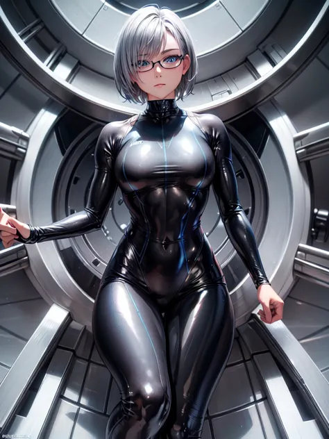 highest quality 8k uhd、mastepiece、close-up、short hair、muscular、blue eyes、silver hair、glasses、leg spread、a beautiful woman wearin...