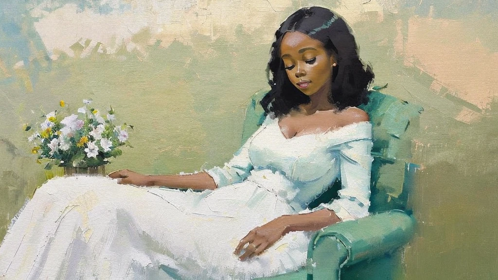 A painting of a Black woman reclining in a chair against a green wall, wearing a white outfit. The woman appears relaxed, with her eyes closed and one arm resting on her chest. A framed picture of a Madonna-like figure holding flowers hangs on the wall beside her. The style is abstract with soft, painterly brushstrokes, and a calm, muted color palette,((Bold color scheme, Abstract))