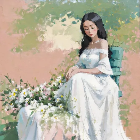 a painting of a black woman reclining in a chair against a green wall, wearing a white outfit. the woman appears relaxed, with h...