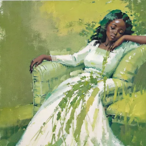 a painting of a black woman reclining in a chair against a green wall, wearing a white outfit. the woman appears relaxed, with h...