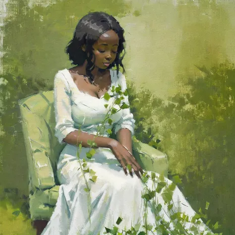 a painting of a black woman reclining in a chair against a green wall, wearing a white outfit. the woman appears relaxed, with h...