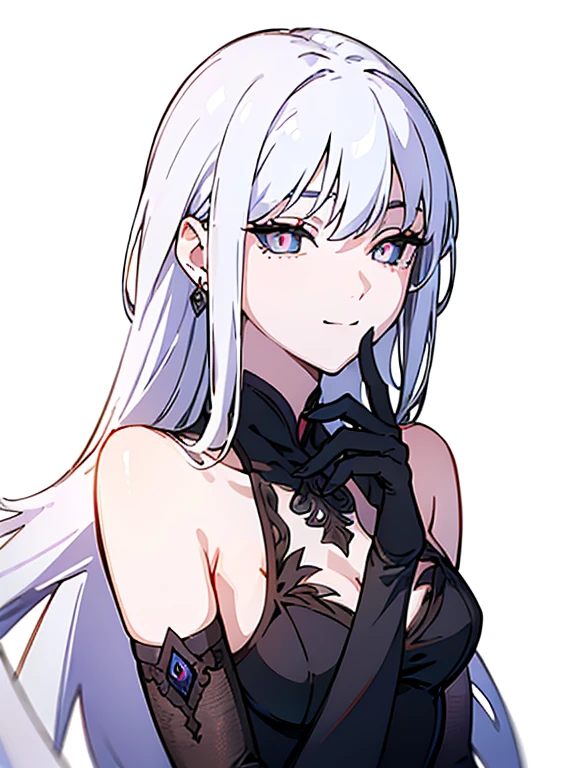 ((((masterpiece, Best Quality, Ultra-high resolution, Best illustrations)))), ((Portrait of a person standing against a white background)), (Very delicate and cute face, Sparkling Eyes), (((black sclera, small white iris))), A beautiful lady named "Sinza" in black is standing diagonally to the left alone., white long hair, large breasts, Her eyes are small white iris and black sclera., She wear black china dress and elbow gloves., full body portrait, evil smile,