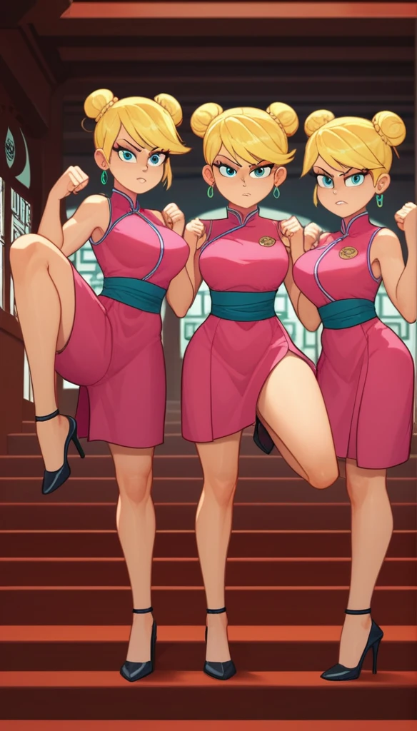 lola loud, 3girls, trio, 24yo girl, large breasts, pink cheongsam, inside of a chinese temple, looking at viewer, blonde hair, two hair buns , hands score_9, score_8_up, score_7_up, high heels, teep fighting stance,martial arts, stairs behind her, guarding the stairs, they wear the same outfit, they are twins