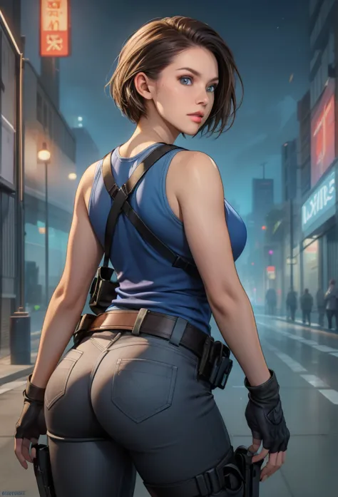 perfect eyes:1.2, detailed eyes:1.4, jill valentine, serious, blue shirt, short hair, chestnut hair, blue eyes, gloves, jewelry,...