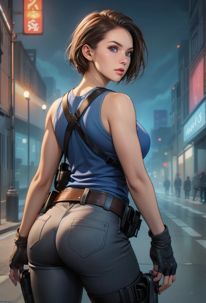 perfect eyes:1.2, detailed eyes:1.4, Jill Valentine, serious, blue shirt, short hair, chestnut hair, blue eyes, gloves, jewelry, black gloves, belt, pants, fingerless gloves, lips, gun, tank top, holster, thigh holster, cowboy shot, 1girl, solo, (masterpiece:1.6, best quality), 8k, insane details, intricate details, hyperdetailed, hyper quality, high detail, ultra detailed, professional, HDR, ray tracing reflection, cinematic lighting,