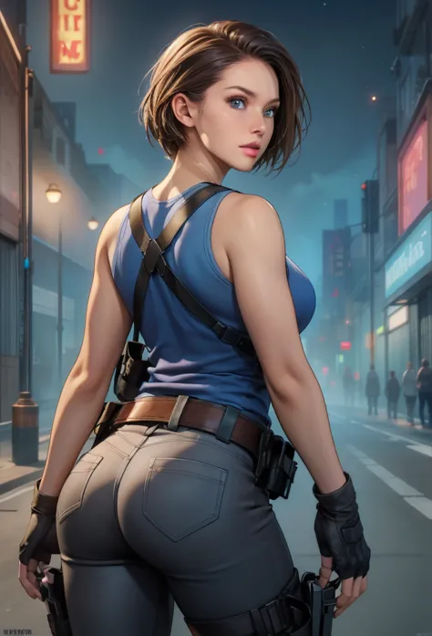 perfect eyes:1.2, detailed eyes:1.4, jill valentine, serious, blue shirt, short hair, chestnut hair, blue eyes, gloves, jewelry,...