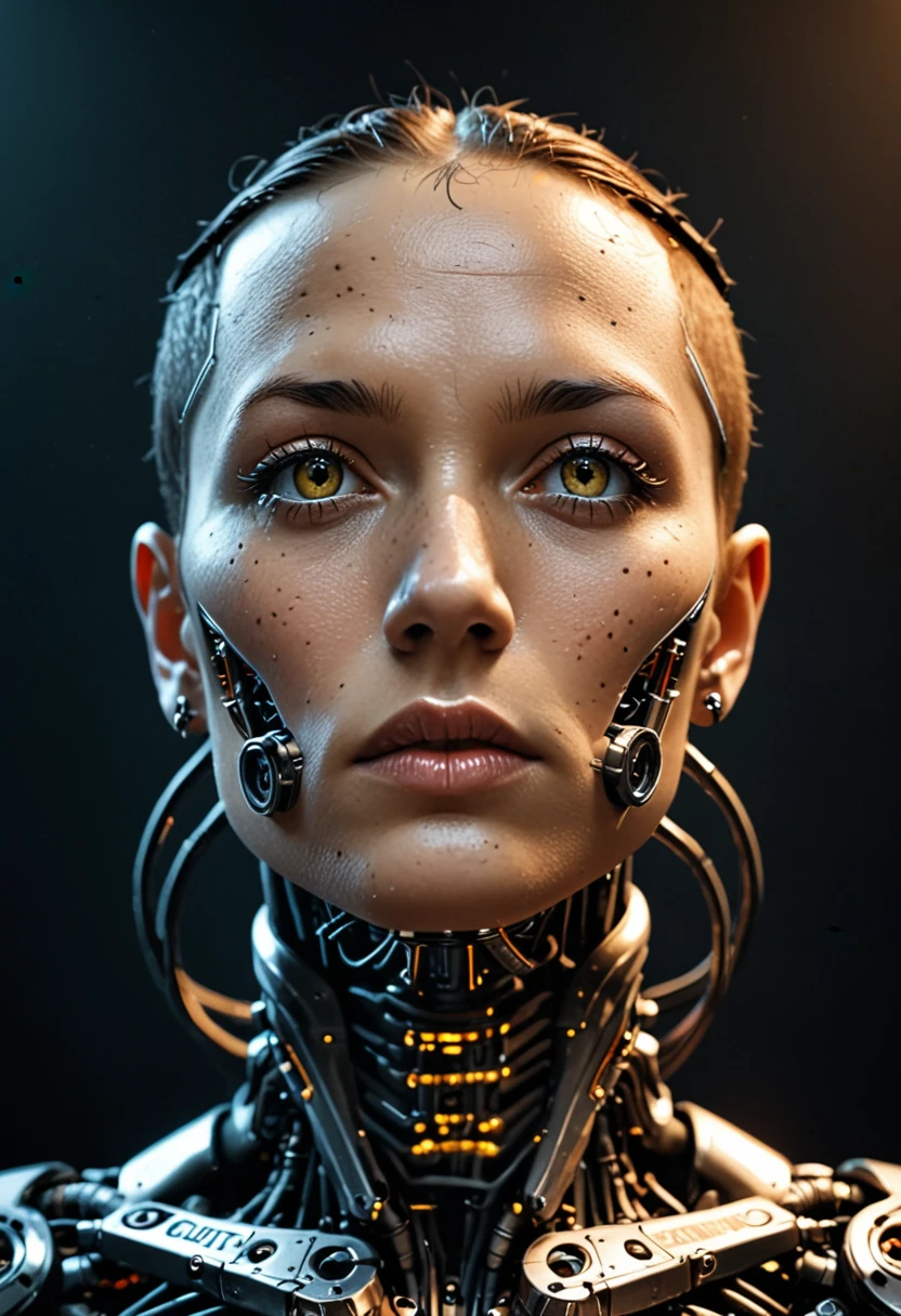 A futuristic cyborg's face fills the frame, split by a metallic-organic dichotomy. Metallic half: gears whirring, wires snaking, mechanical parts clicking. Organic half: black ink tattoos swirl, symbols blend seamlessly into metal. Eyes: cybernetic gold glow on one side, piercing natural intensity on the other. Red-black abstract background complements the face. High contrast emphasizes intricate details: circuitry patterns, shapes, and gears merge in a technological-human fusion.