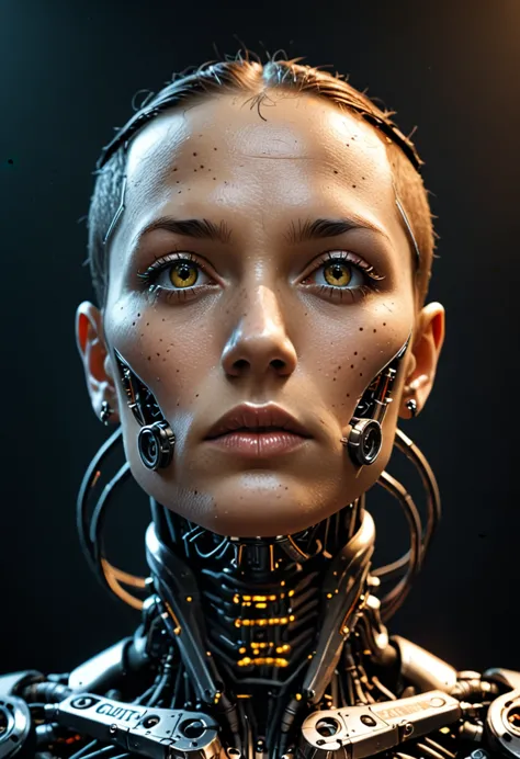 a futuristic cyborg's face fills the frame, split by a metallic-organic dichotomy. metallic half: gears whirring, wires snaking,...