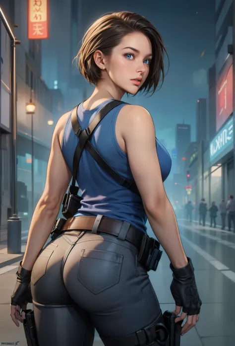 perfect eyes:1.2, detailed eyes:1.4, jill valentine, serious, blue shirt, short hair, chestnut hair, blue eyes, gloves, jewelry,...