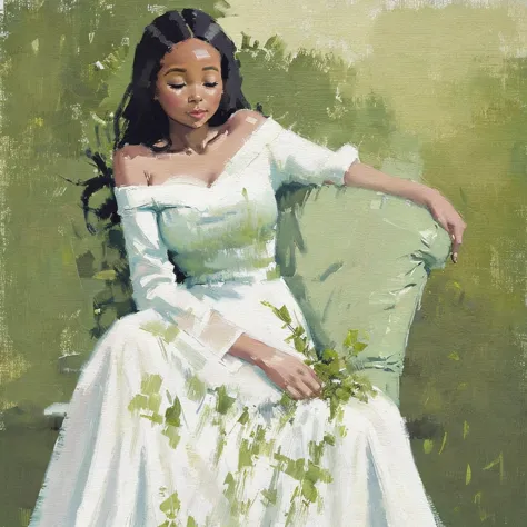 a painting of a black woman reclining in a chair against a green wall, wearing a white outfit. the woman appears relaxed, with h...