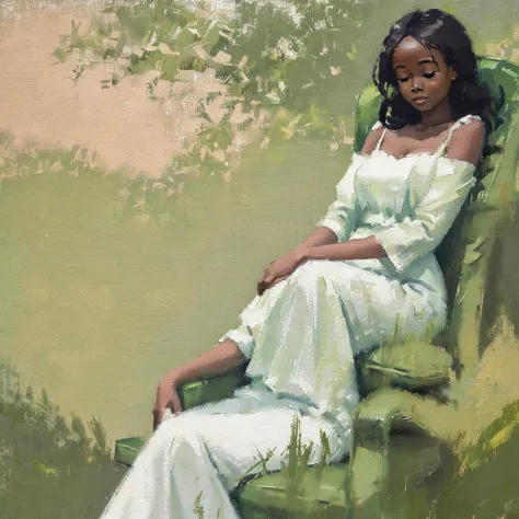 a painting of a black woman reclining in a chair against a green wall, wearing a white outfit. the woman appears relaxed, with h...