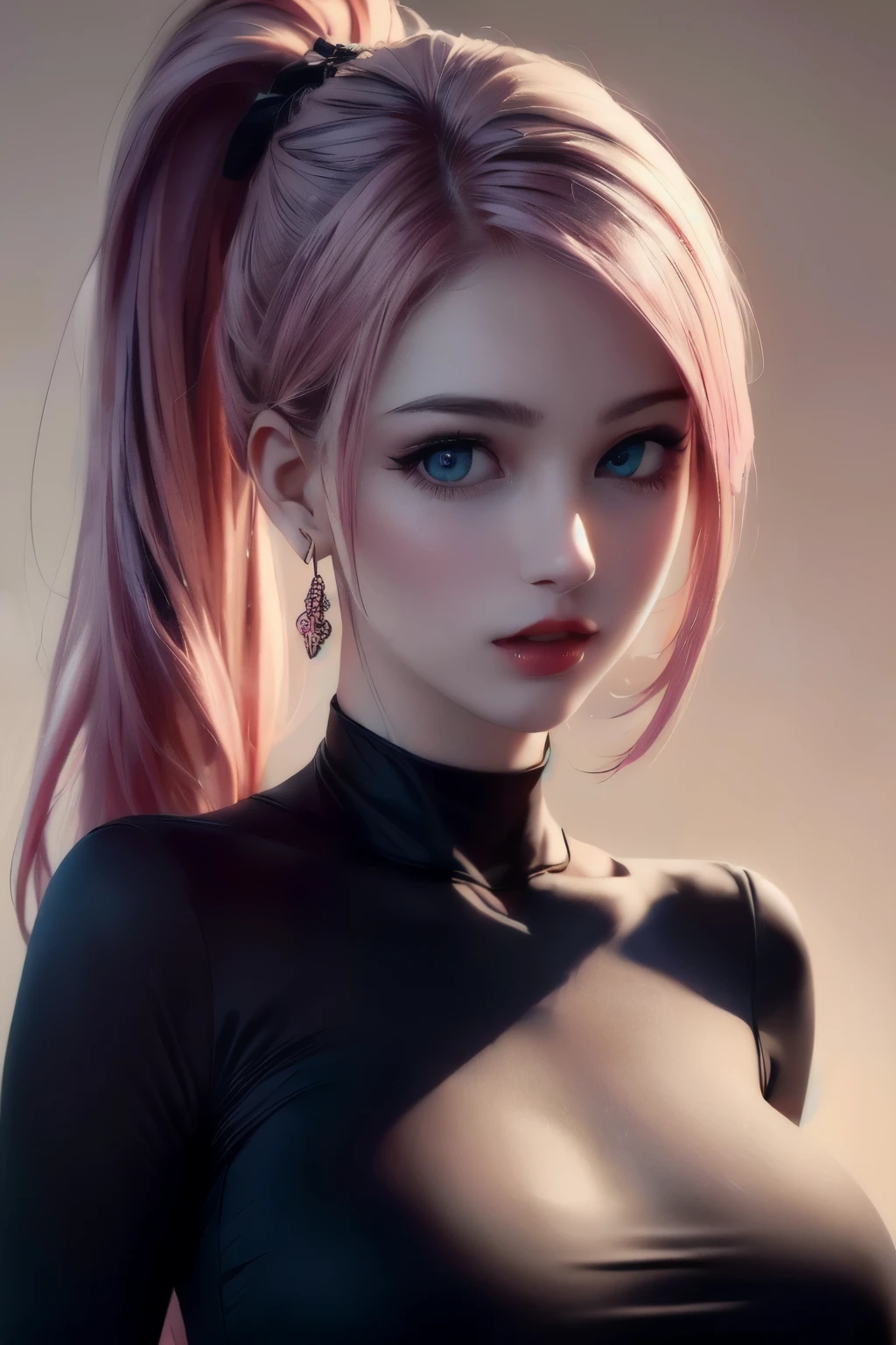 (extremely realistic,32K, masterpiece:1.2),(high detailed skin:1.1),( 8k words, dslr, high quality:1.1),
 1 woman,pink hair, ponytail hair, split bangs,(aqua eyes:0.9), dress, sexy, , Masakara, (red lips:0.8), (huge breasts:0.9), 
(looking at viewer, portrait:1.1),, upper body, 
,(light:1.1),blank background