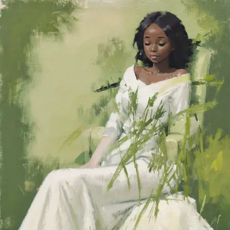 a painting of a black woman reclining in a chair against a green wall, wearing a white outfit. the woman appears relaxed, with h...