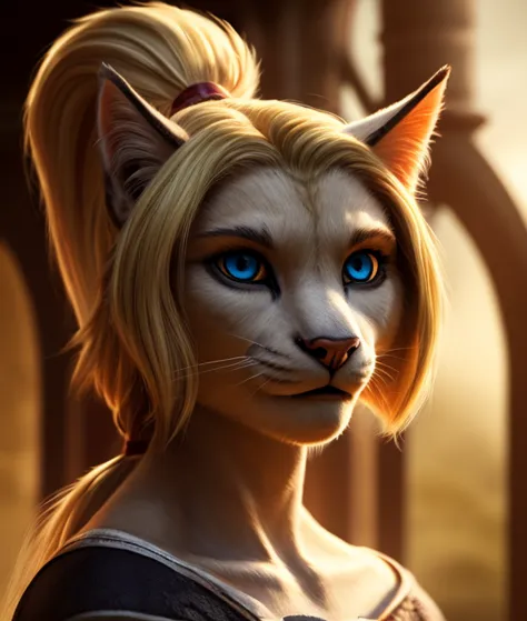 a beautiful anthro feline girl with blue eyes, blonde hair in a ponytail, detailed facial features, realistic, photorealistic, 4...