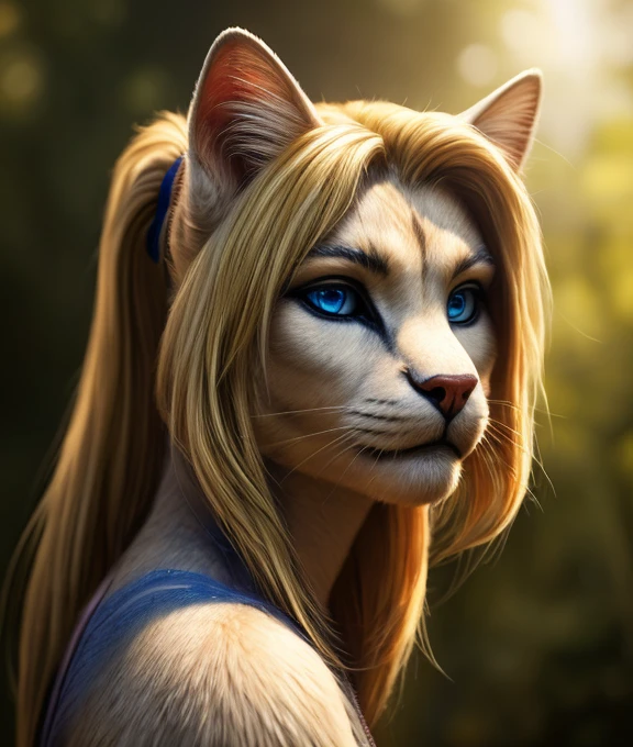 A beautiful anthro feline girl with blue eyes, blonde hair in a ponytail, detailed facial features, realistic, photorealistic, 4k, best quality, highly detailed, ultra-detailed, masterpiece, vivid colors, cinematic lighting, ethereal, fantasy, digital painting, pechos enormes